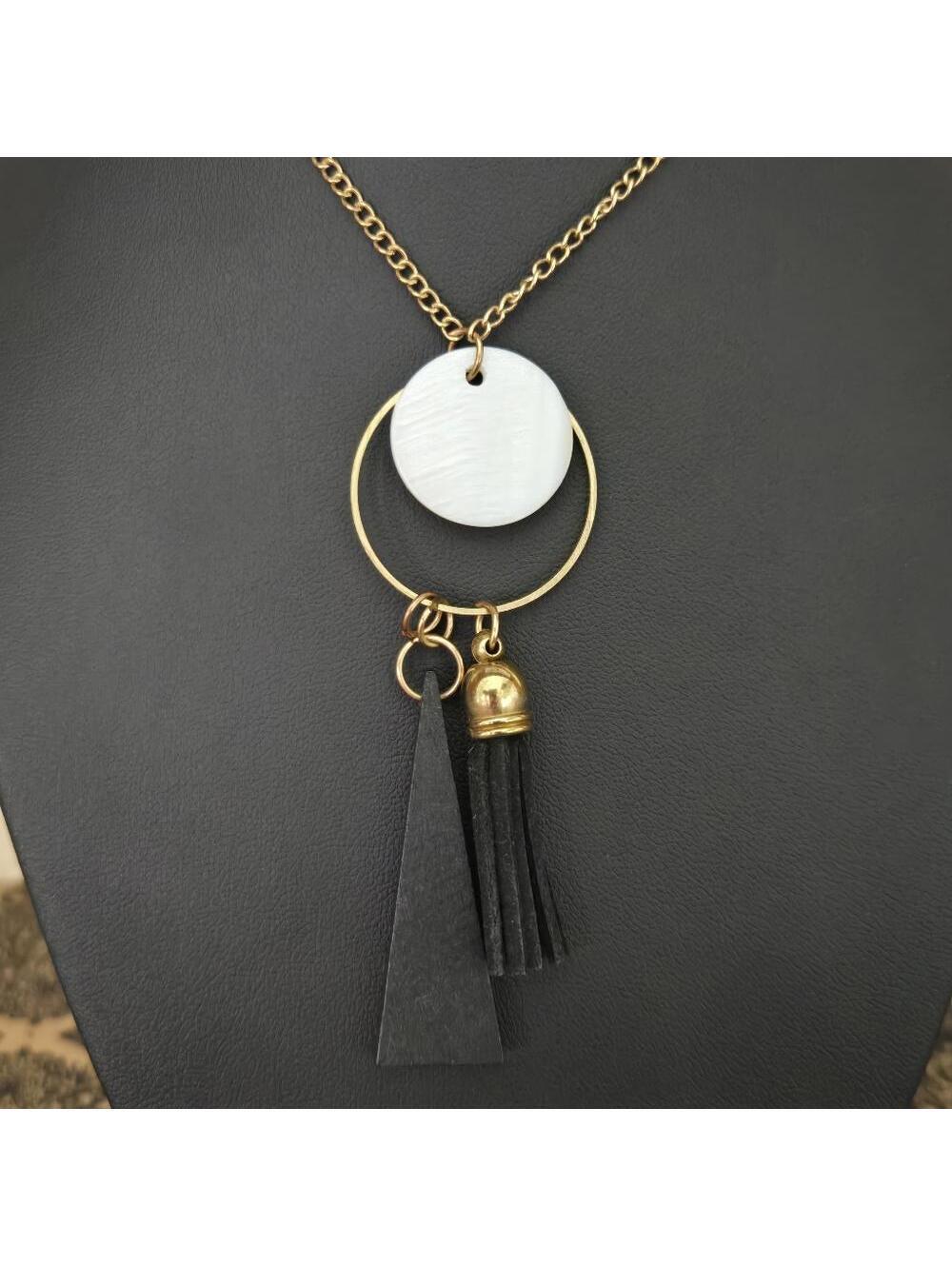 Art Deco Mother of Pearl Shell Wood Tassel Pendant Necklace Long 32" Chain